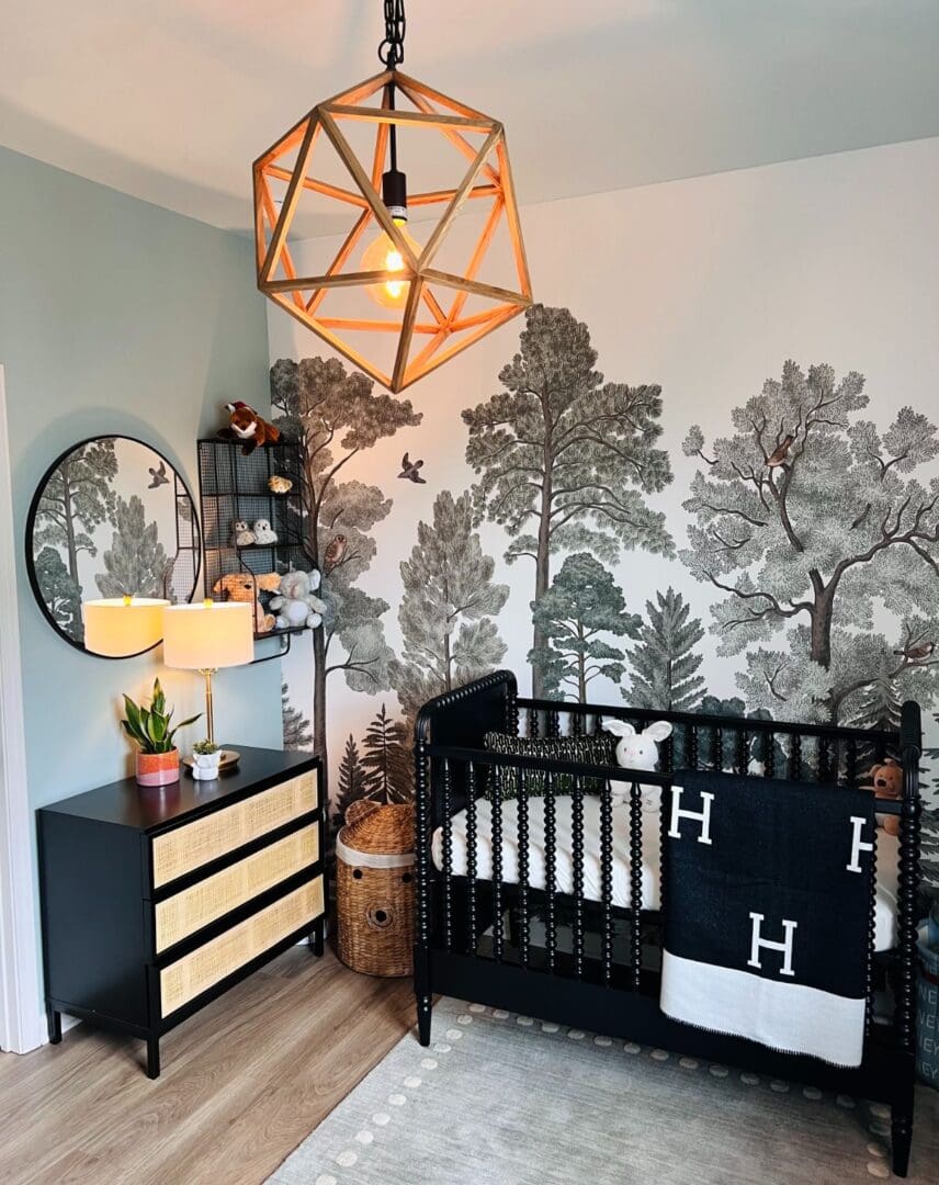 A baby room with a crib and dresser