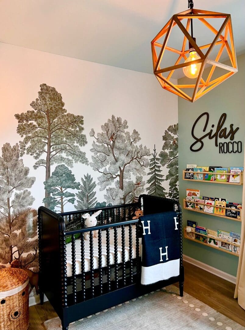 A baby room with a crib and shelves