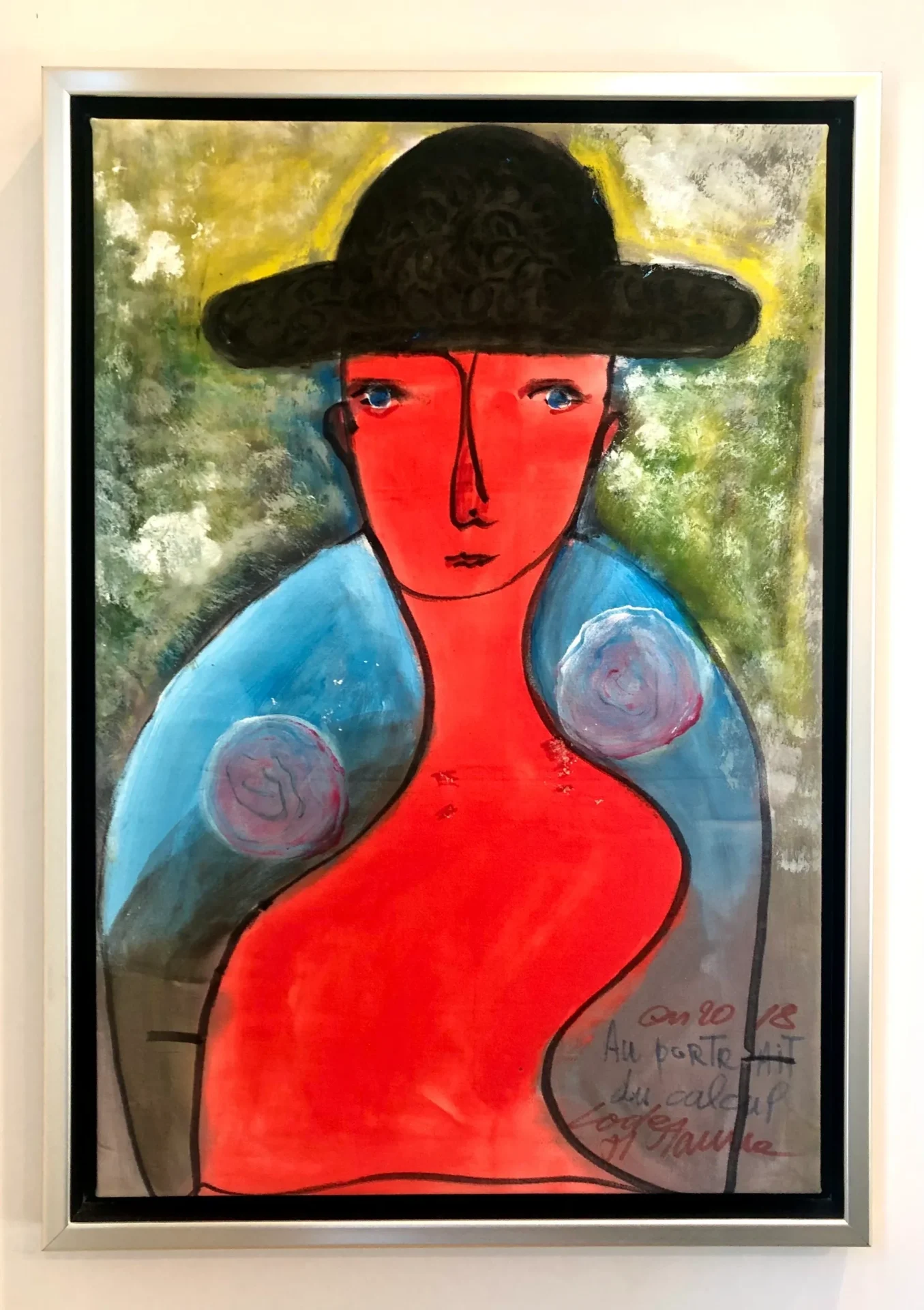 A painting of a woman wearing a black hat.